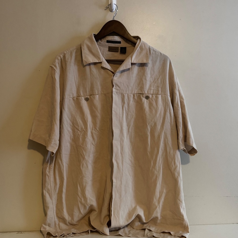 AXIST Men's L Silk Cotton Blend Short Sleeve Button Down Shirt Tan Fall Basics